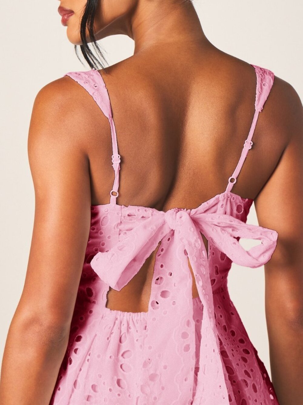 Pink Elegant Women's Eyelet Mini Dress with Bow Back - Picture 2 of 5